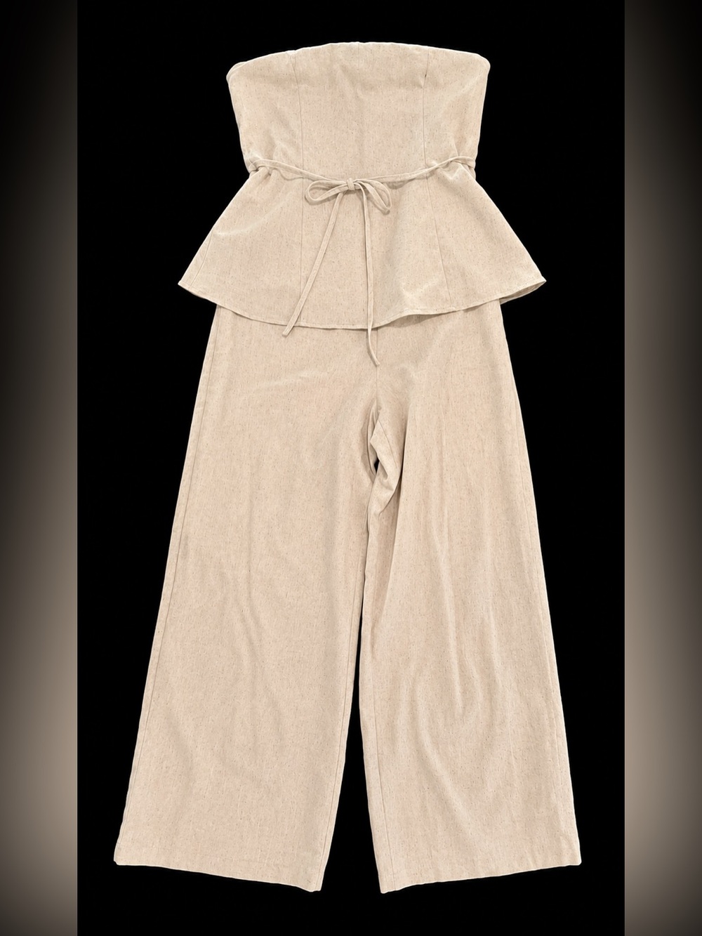 Strapless Linen Rayon Wide-Leg Jumpsuit in Beige